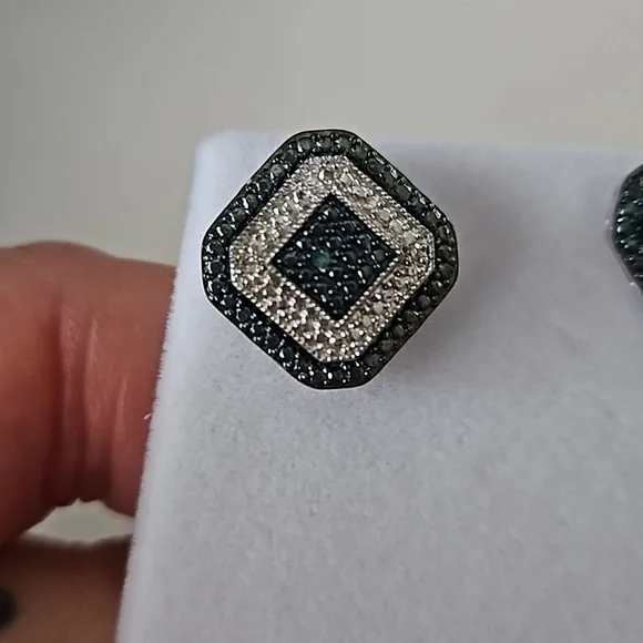 Vintage Genuine Blue Diamond Earrings | Natural Diamond Accented Rhodium - Picture 5 of 5